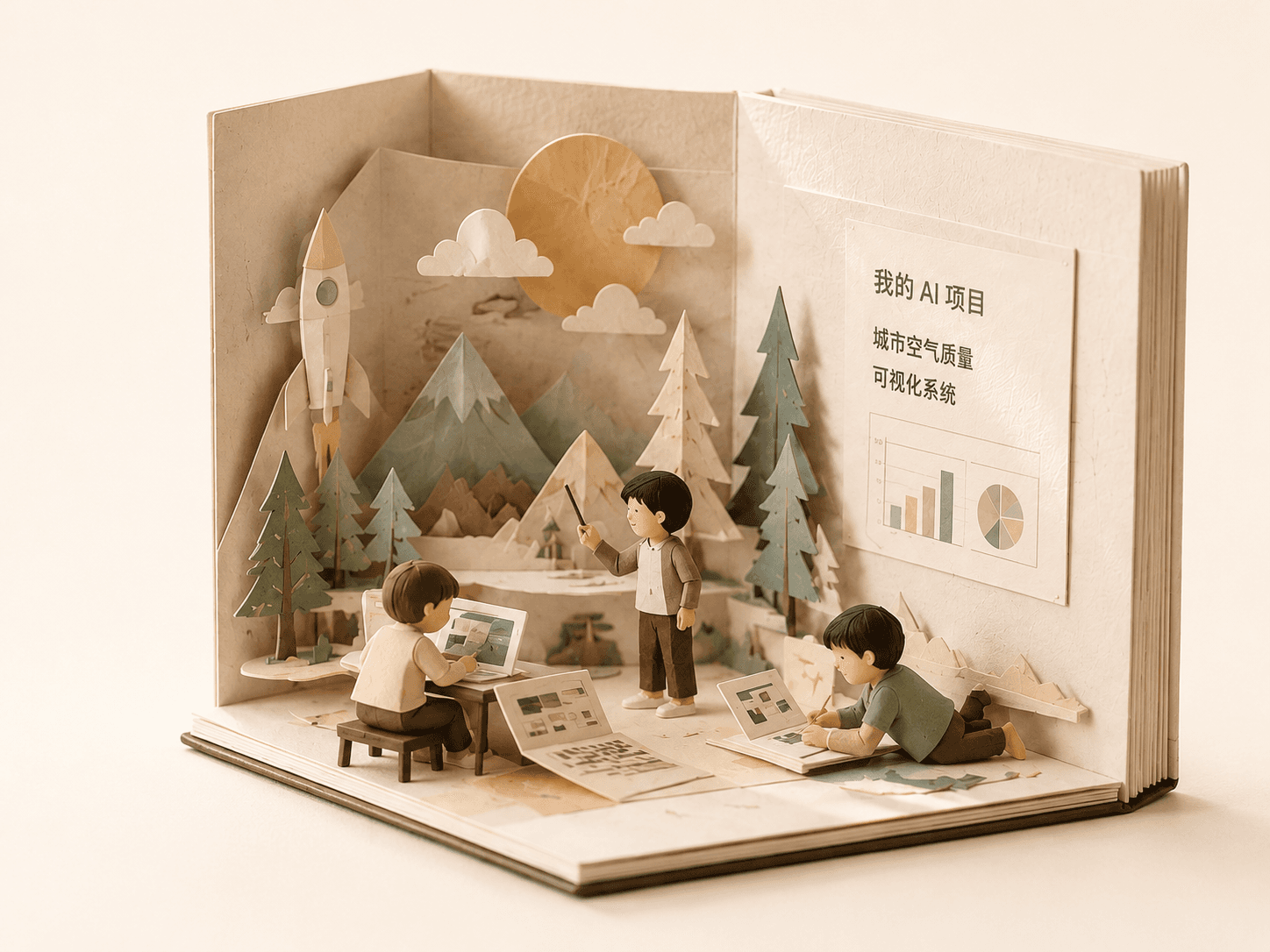 纸雕书本场景中，孩子们围绕 AI 项目进行展示和创作